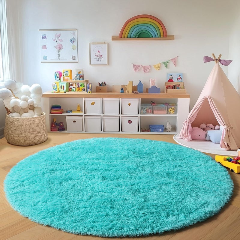 ONASAR Teal Blue Round Area Rug 4ft, Soft Fluffy Bedroom Bedside Floor Circle Rugs for Kids Girls Boys Teen Room, Cute Fuzzy Furry Plush Shaggy Carpet for Nursery Living Room Playroom Dorm Home Decor - Image 5